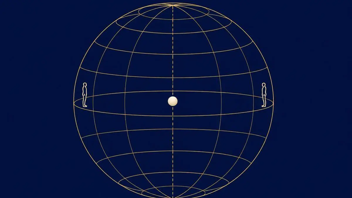 Placeholder diagram: a spherical arena of hairline rings with a ball on a straight path through the centre and a player at each wall.
