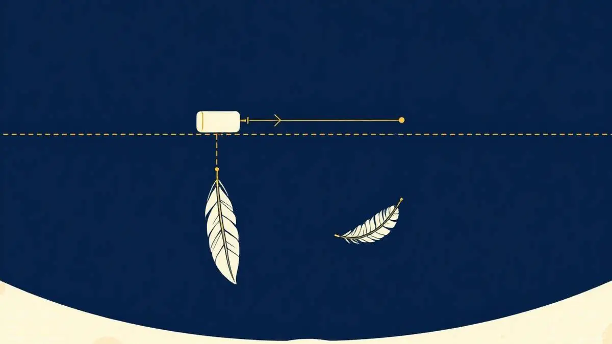 Placeholder diagram: a hammer and a feather falling side by side above a lunar horizon, reaching the same height at the same moment.