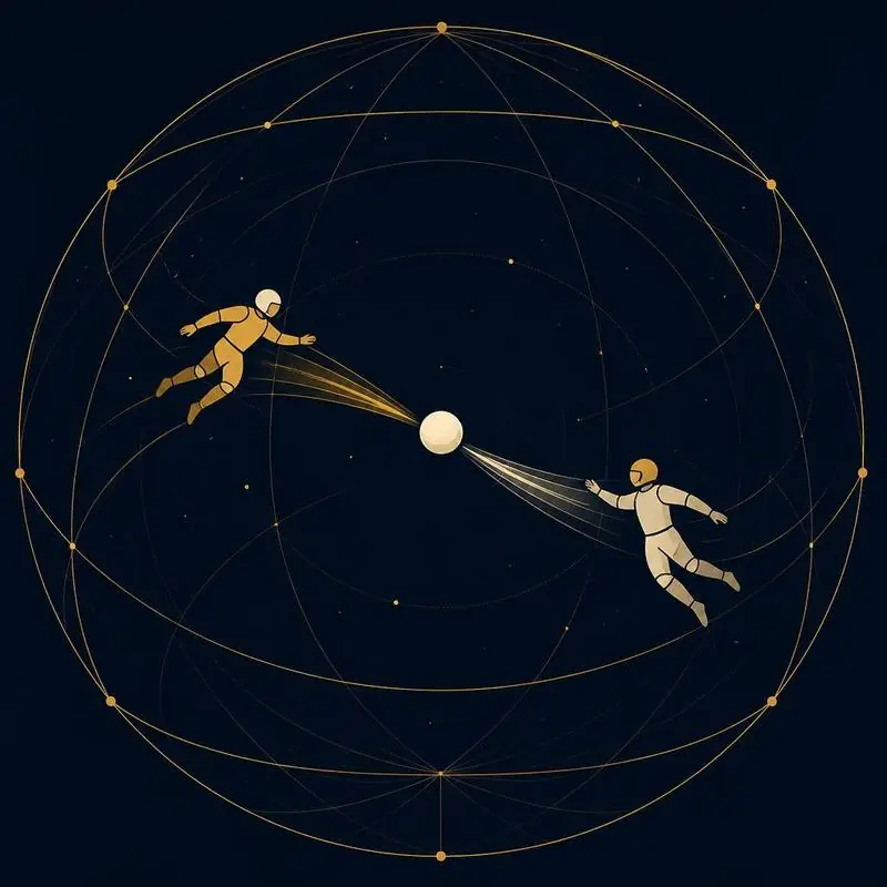 Placeholder illustration: two players and a ball drifting inside a spherical arena of fine arcs, each push moving player and ball alike.